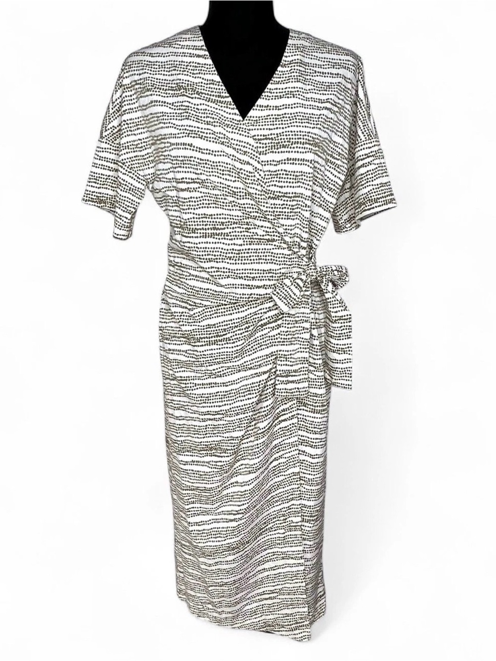Prologue Wrap Dress Womens‎ S Small Cream Olive Green Polka Dot Waist Tie NWT